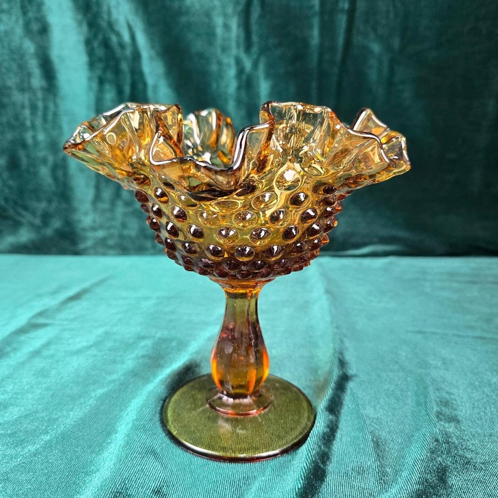 Vintage Fenton Amber‎ Hobnail Ruffled Compote Candy Dish 5.5" Tall
